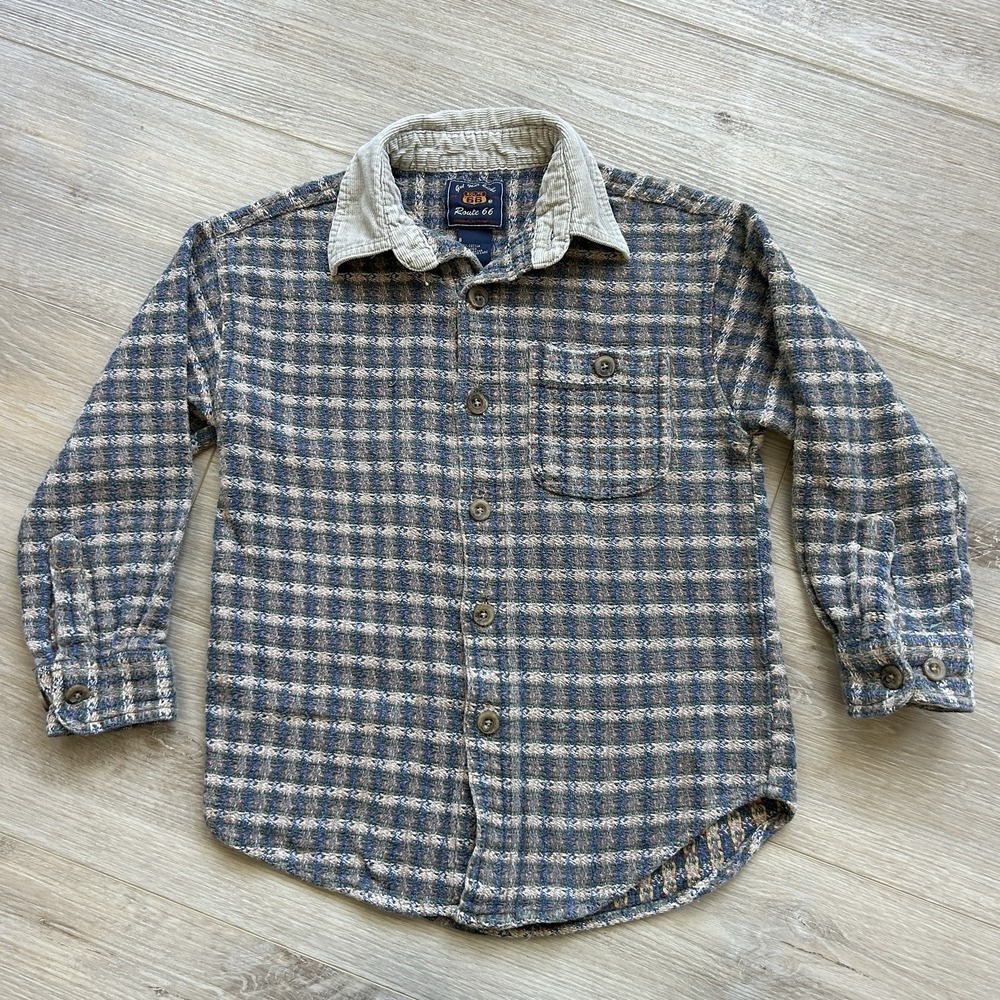 Vtg Route 66 Plaid Flannel Button Up Corduroy Collar Size 8 Boys Medium
